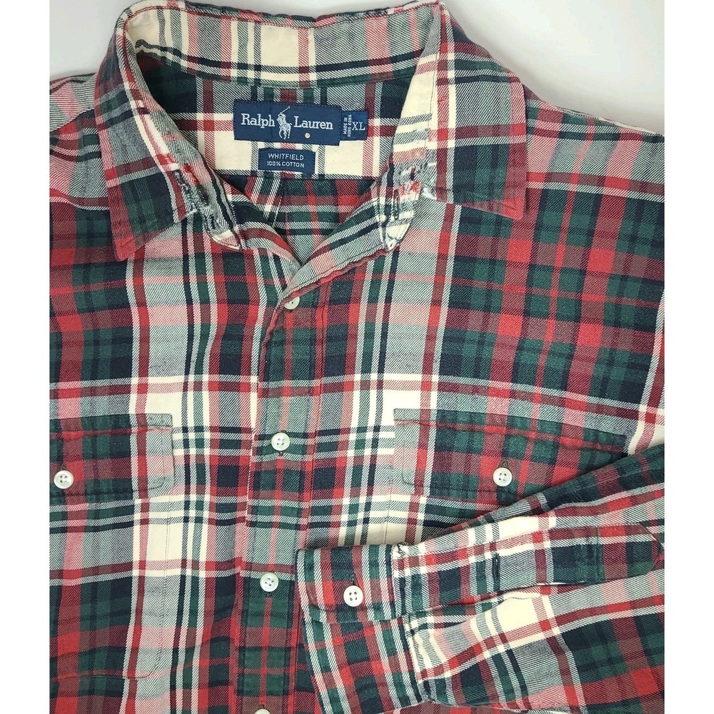 Ralph Lauren Whitfield Flannel Shirt Men XL Red Green Plaid Cotton Chest Pockets